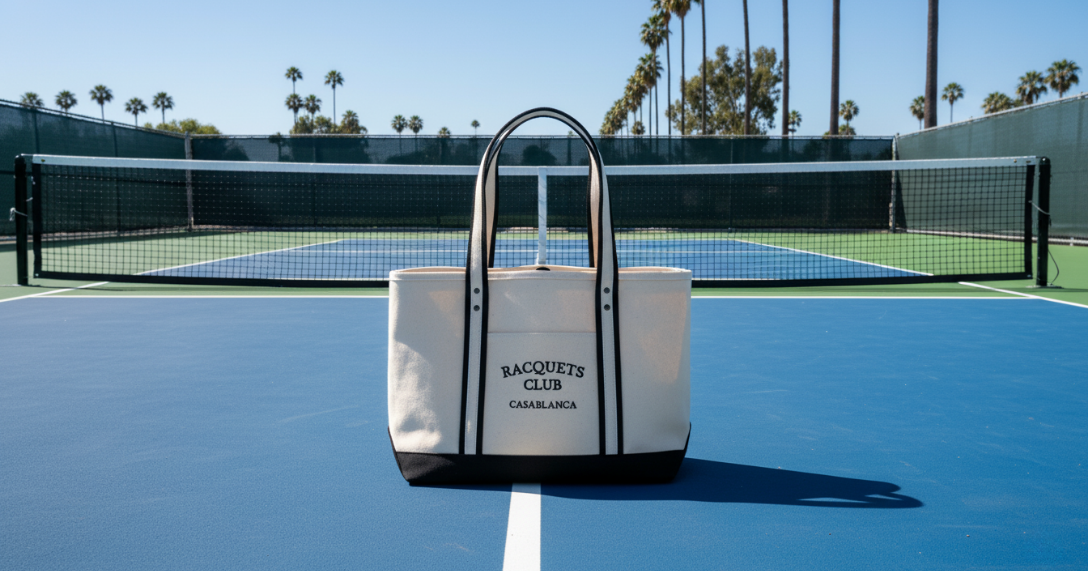 Casablanca Racquets Club premium canvas tote bag with embroidered logo on a racquet sports court.
