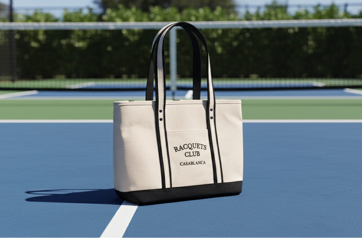 Casablanca Racquets Club premium canvas tote bag with embroidered logo on a racquet sports court.